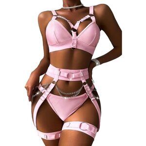 Women Pink Naughty 5 Pieces Lace Garter Belt Bodydoll Lingerie Set With Chain